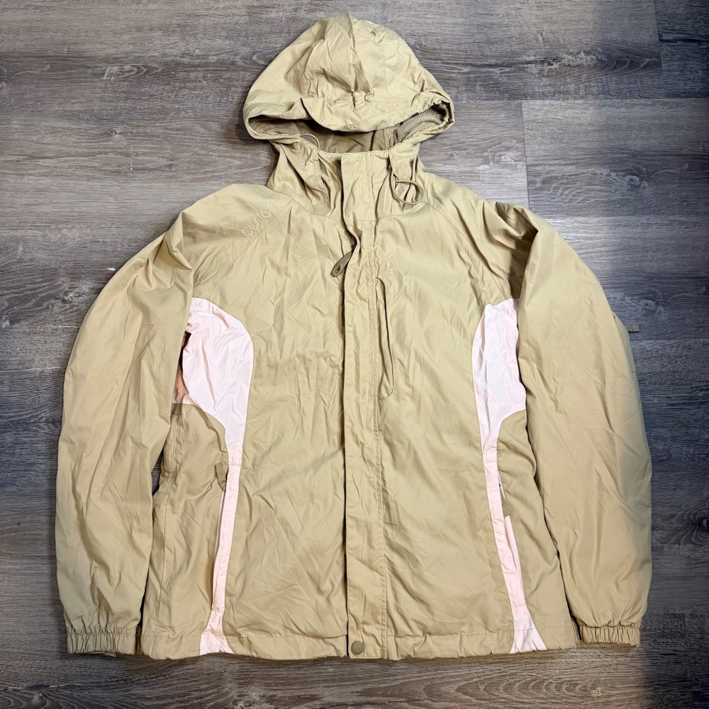 Burton Womens Snowboard Jacket Medium Tan Pink Hooded Vented Ski Shell Coat